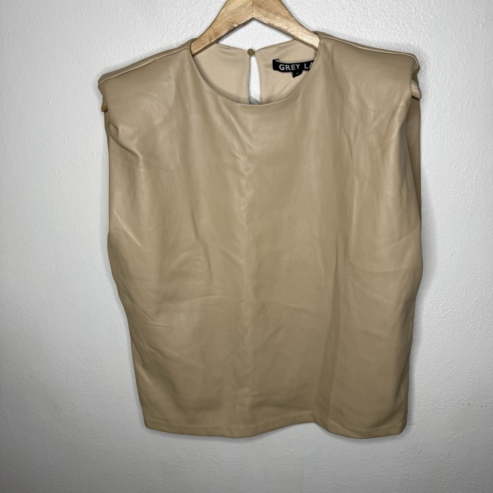 Grey Lab Beige Padded Shoulder Faux Leather Blouson Top Women's‎ XS Minimalist